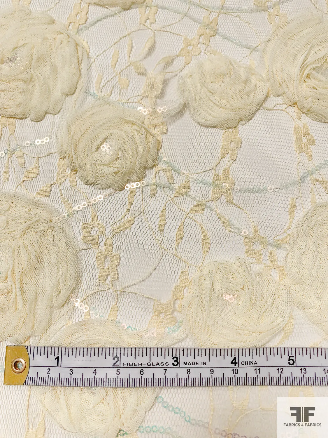 3D Floral Embroidered Ribbon, Tulle, and Sequins on Lace - Pastel Yellow