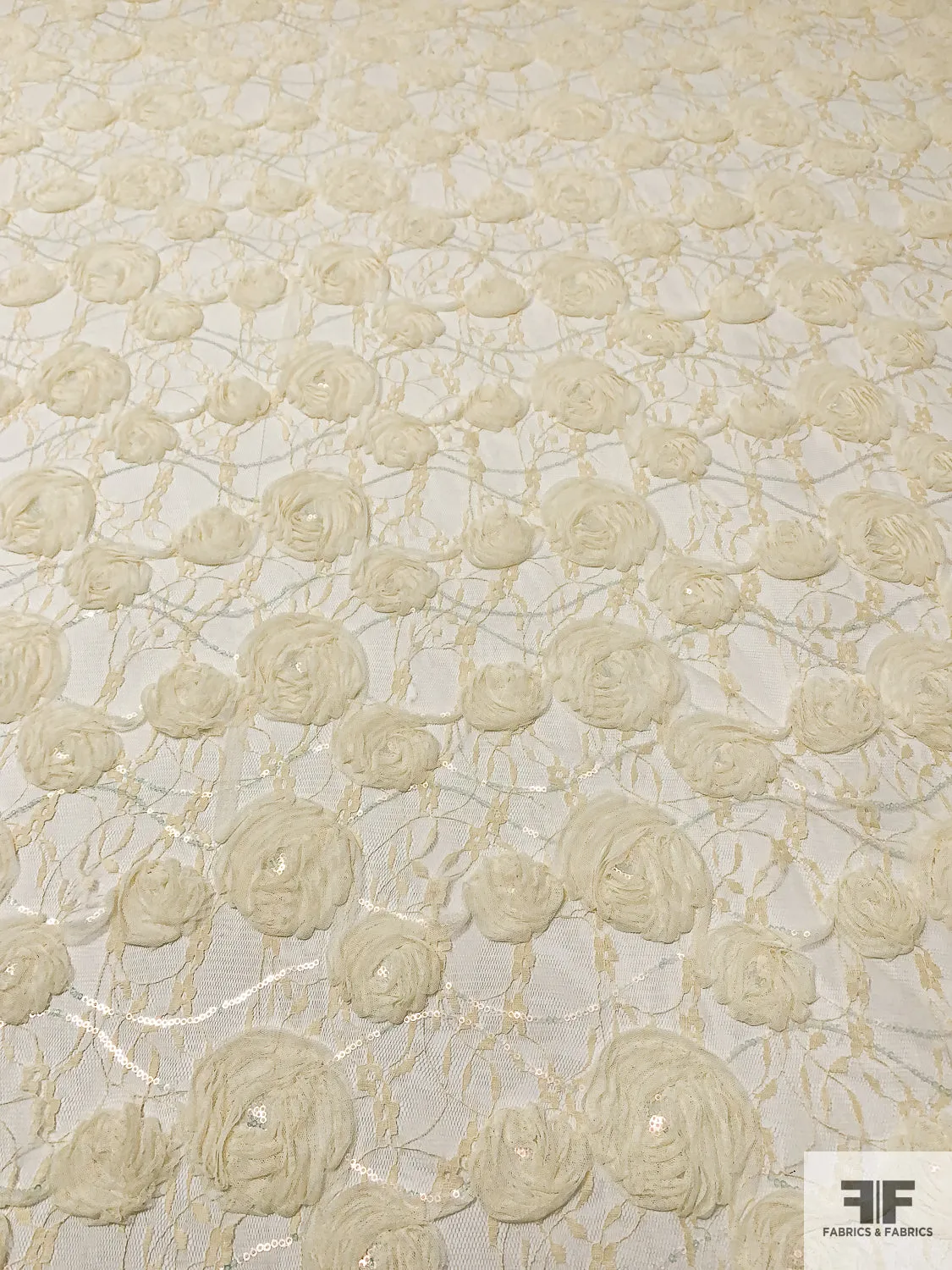 3D Floral Embroidered Ribbon, Tulle, and Sequins on Lace - Pastel Yellow