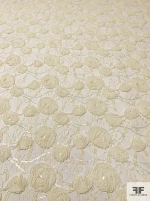 3D Floral Embroidered Ribbon, Tulle, and Sequins on Lace - Pastel Yellow