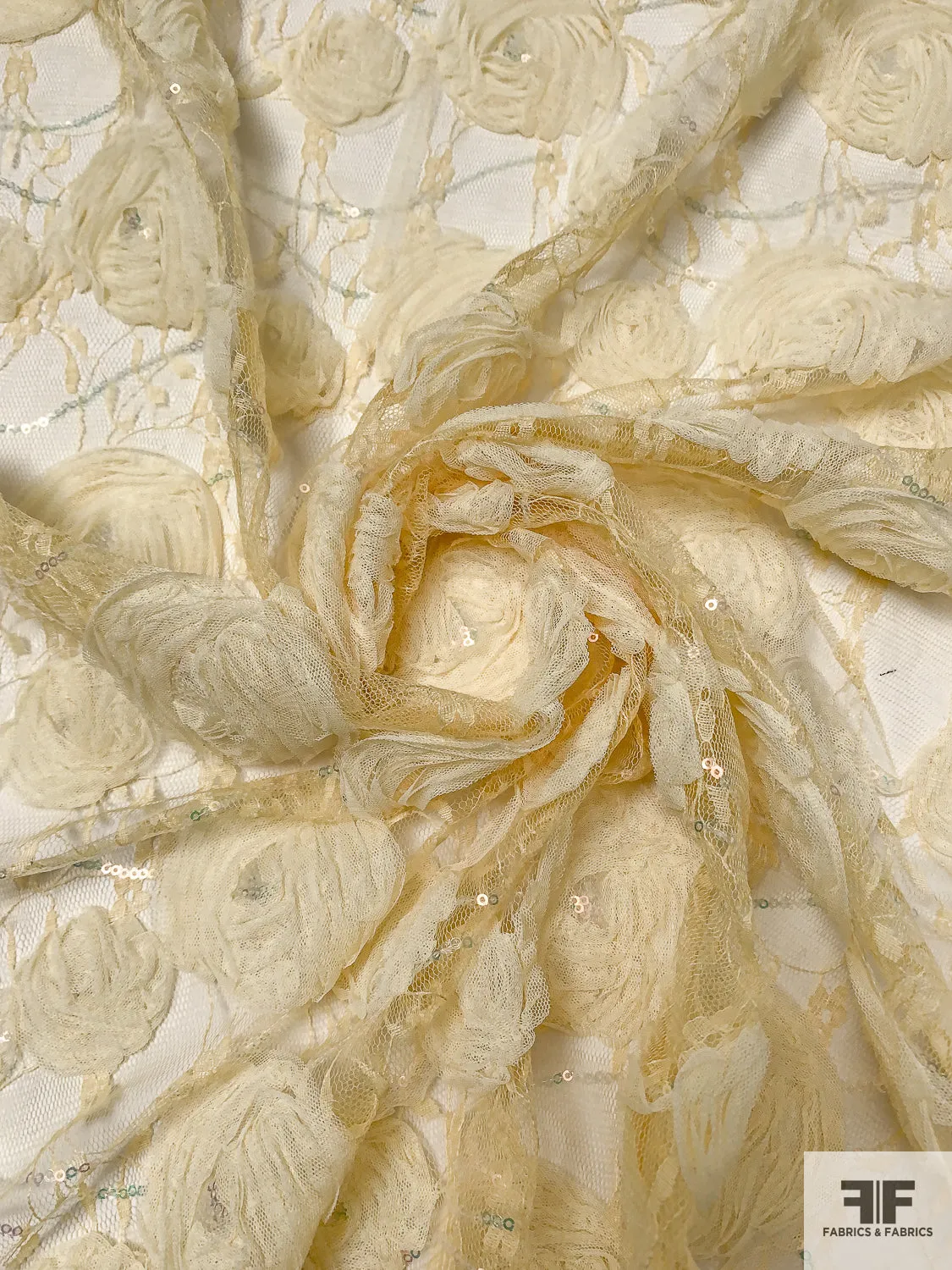 3D Floral Embroidered Ribbon, Tulle, and Sequins on Lace - Pastel Yellow