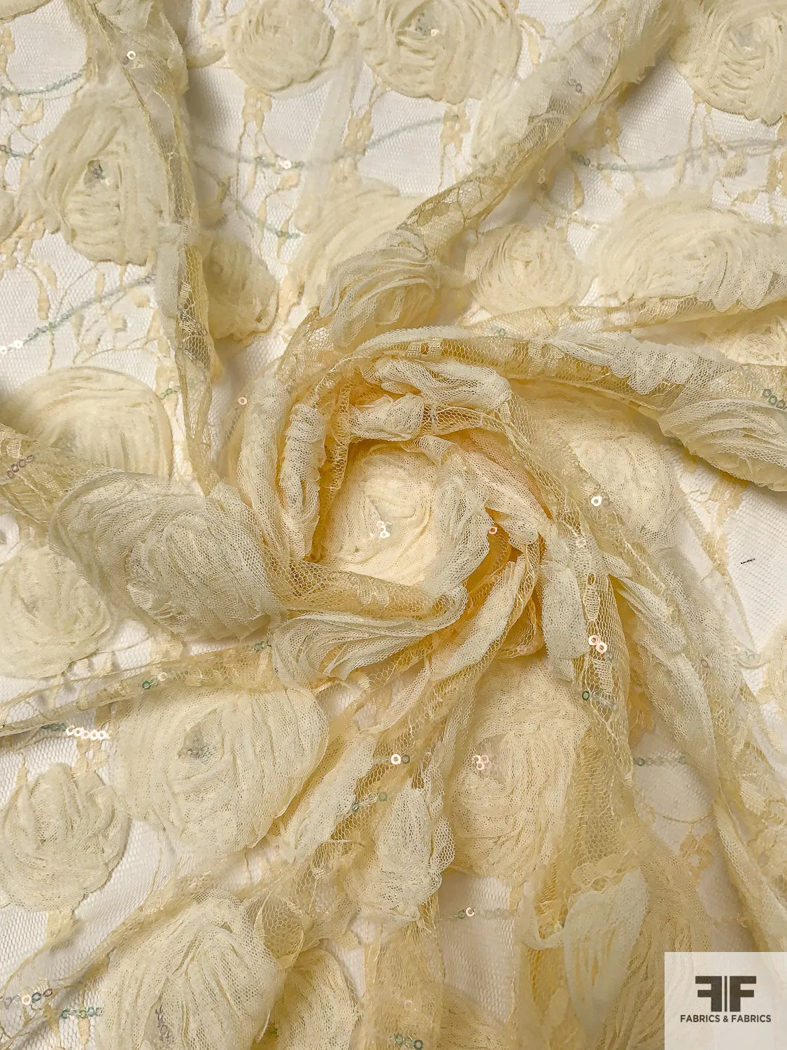 3D Floral Embroidered Ribbon, Tulle, and Sequins on Lace - Pastel Yellow