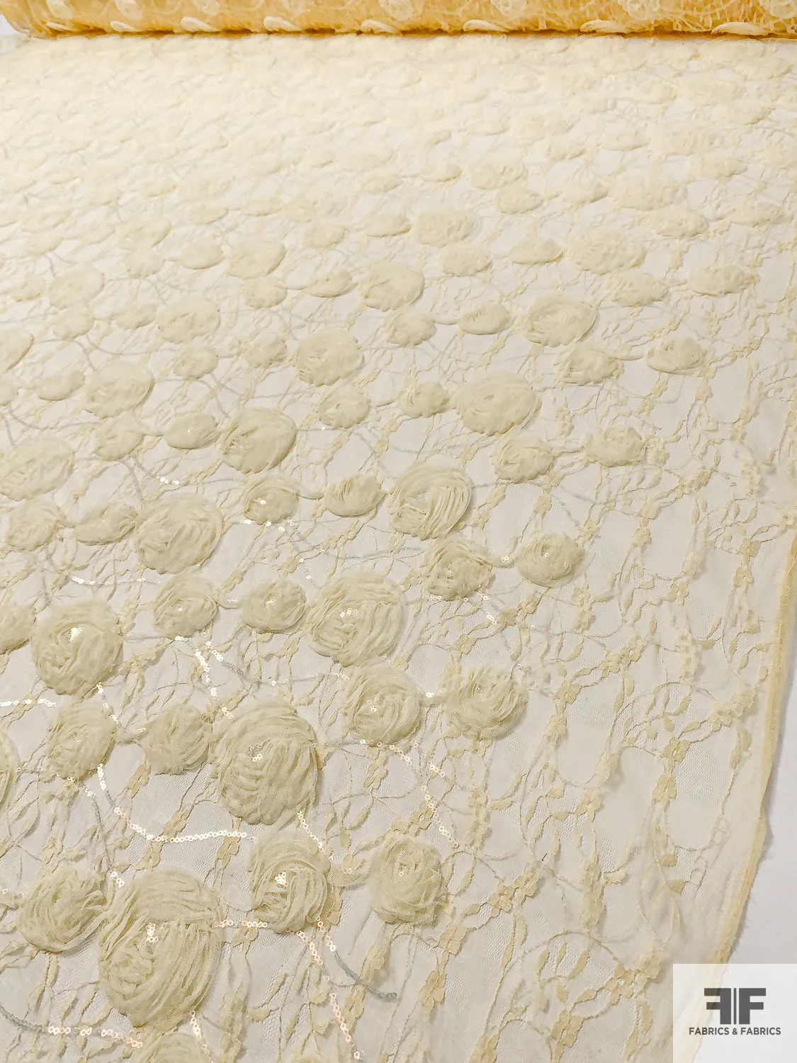 3D Floral Embroidered Ribbon, Tulle, and Sequins on Lace - Pastel Yellow