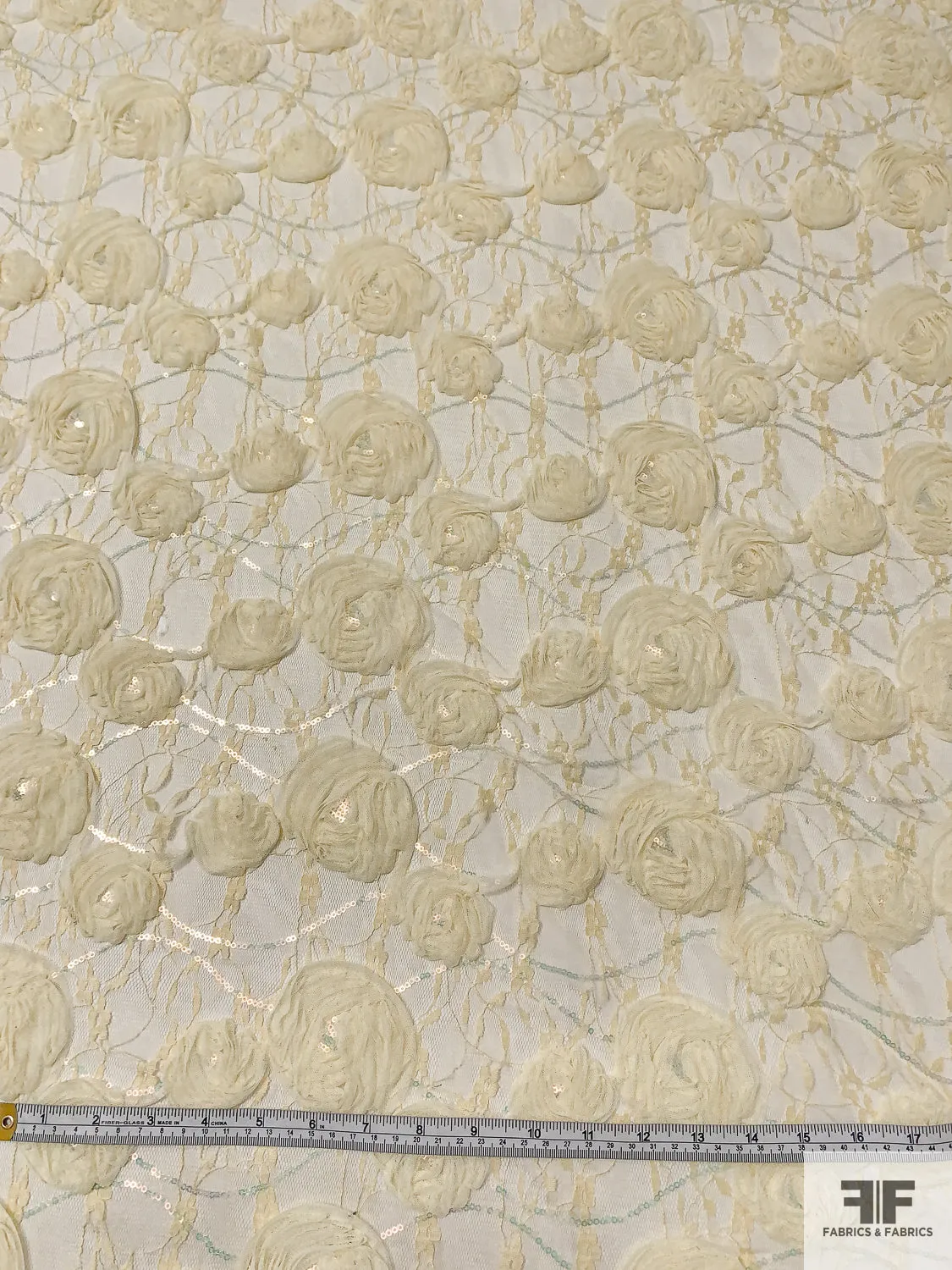 3D Floral Embroidered Ribbon, Tulle, and Sequins on Lace - Pastel Yellow