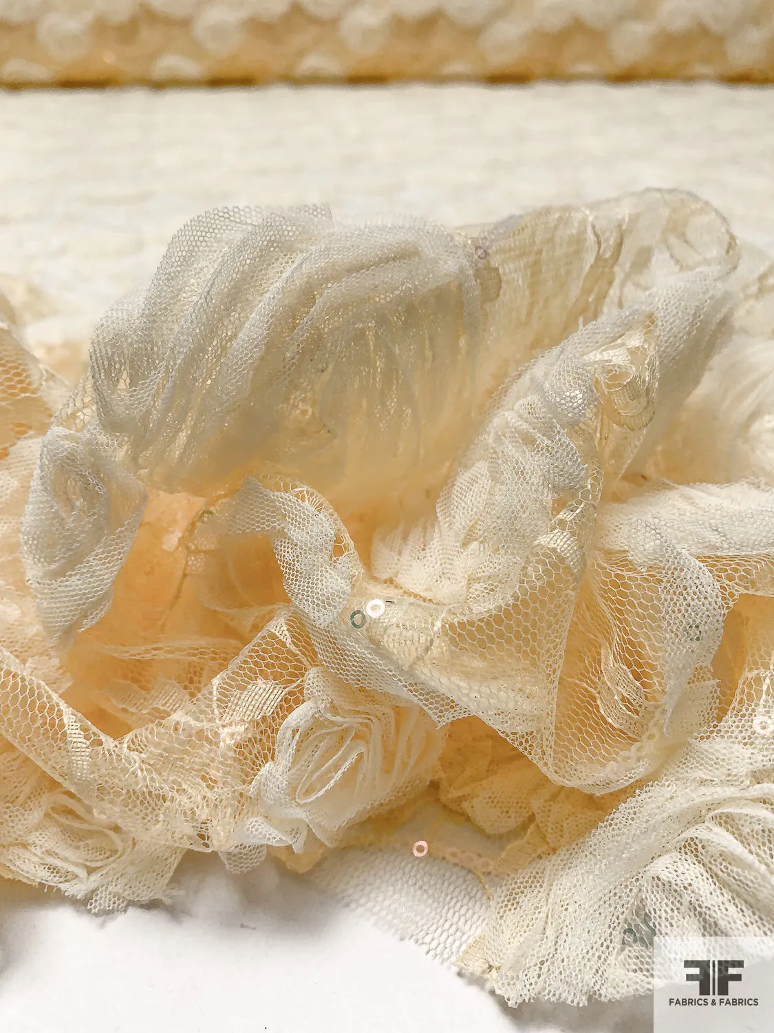 3D Floral Embroidered Ribbon, Tulle, and Sequins on Lace - Pastel Yellow