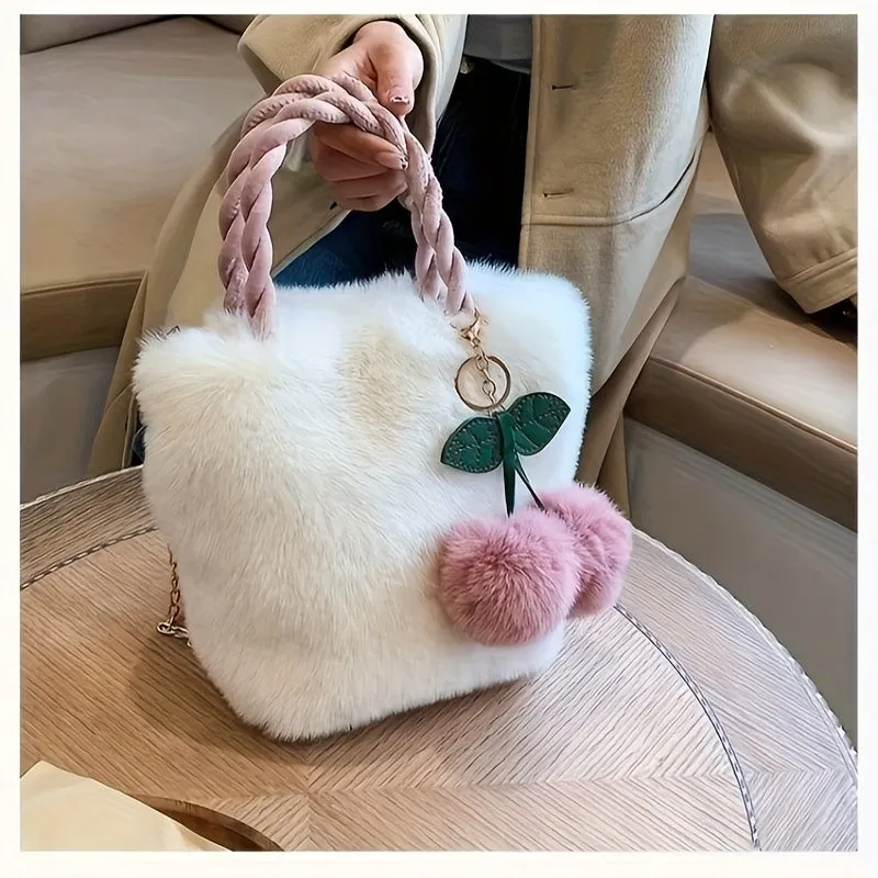 Adorable 1PC Girls Plush Bag Fashionable Versatile Cherry Bucket Bag