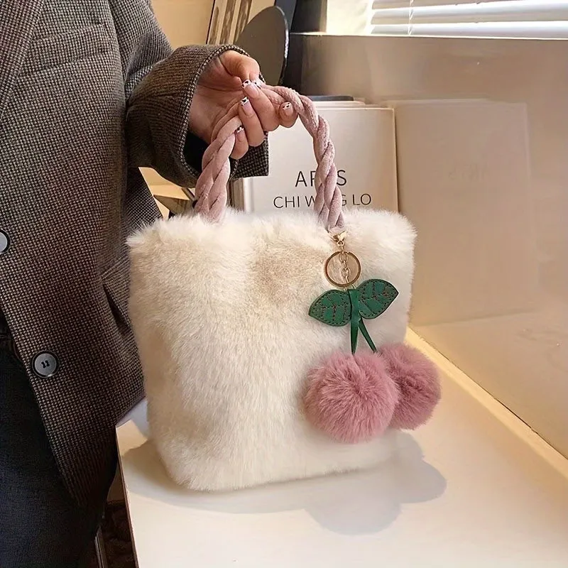 Adorable 1PC Girls Plush Bag Fashionable Versatile Cherry Bucket Bag