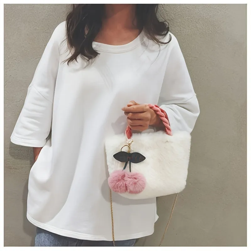 Adorable 1PC Girls Plush Bag Fashionable Versatile Cherry Bucket Bag