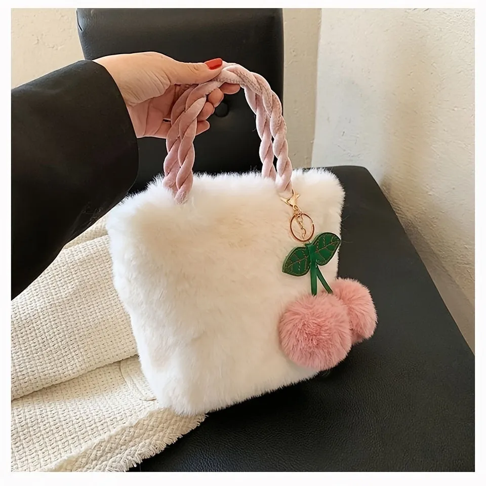 Adorable 1PC Girls Plush Bag Fashionable Versatile Cherry Bucket Bag