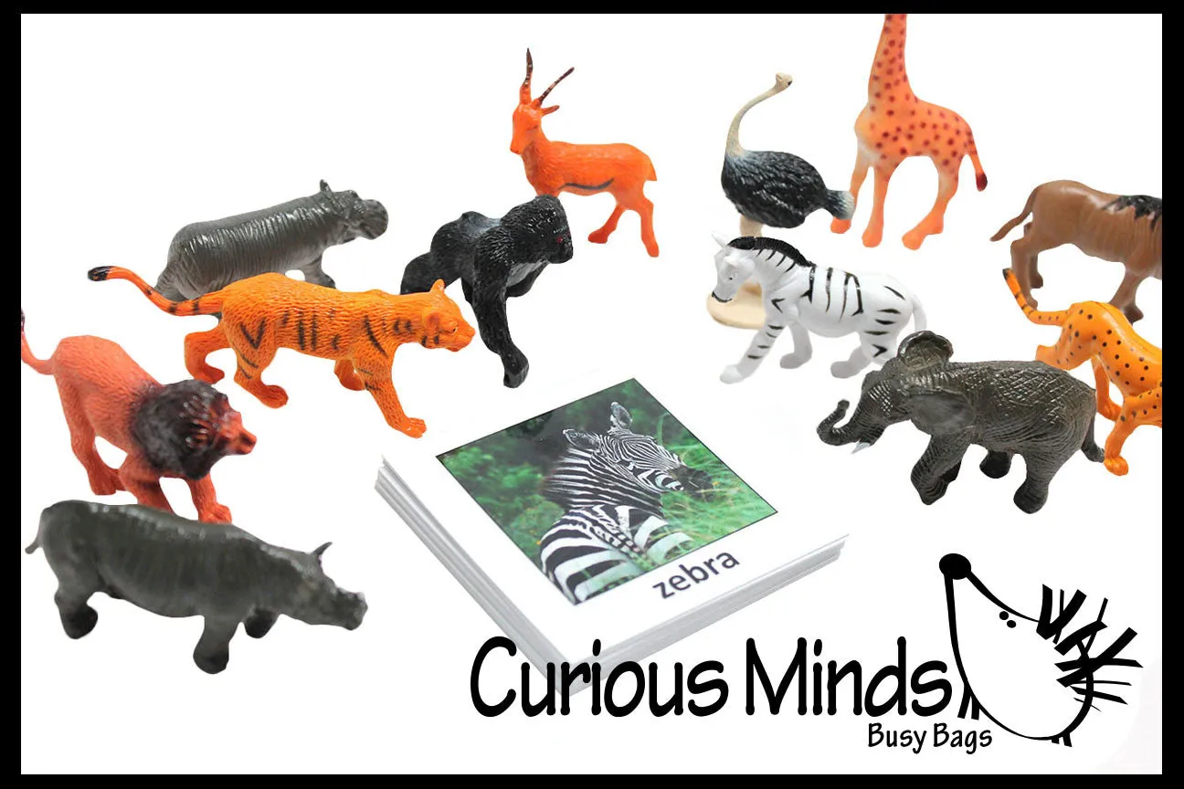 Animal Match - SAFARI -Miniature Animals with Matching Cards - 2 Part Cards.  Montessori learning toy, language materials - Safari Jungle Zoo Animals