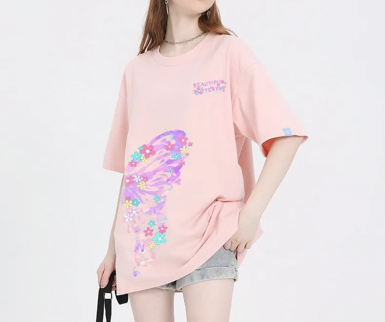 Butterfly print t-shirt for women loose half sleeve trendy