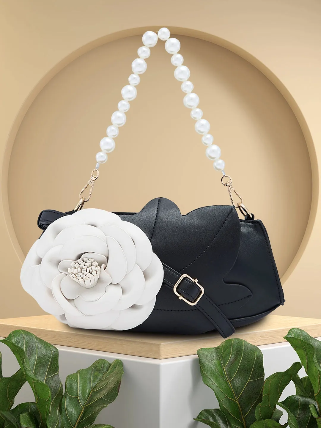 Caprese Ava 3D Flower Clutch Bag Medium Black - Perfect for Celebrations & Glam Parties