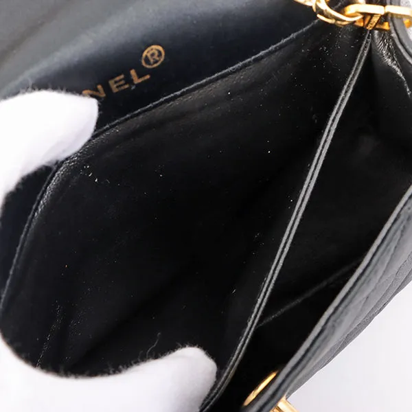 Chanel Around 1990 Made Leather Silk Satin Combination Design Flap Mini Bijou Chain Bag Black