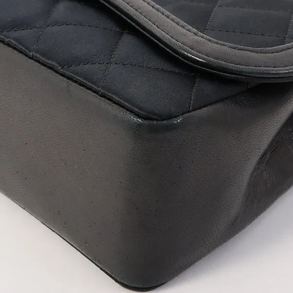 Chanel Around 1990 Made Leather Silk Satin Combination Design Flap Mini Bijou Chain Bag Black