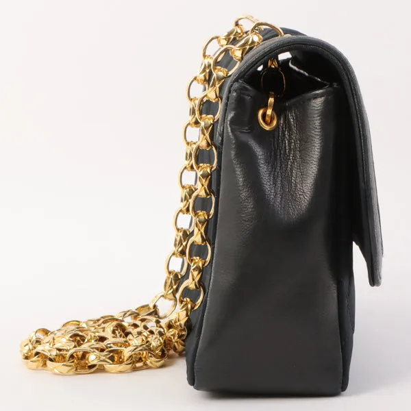 Chanel Around 1990 Made Leather Silk Satin Combination Design Flap Mini Bijou Chain Bag Black