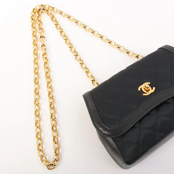 Chanel Around 1990 Made Leather Silk Satin Combination Design Flap Mini Bijou Chain Bag Black