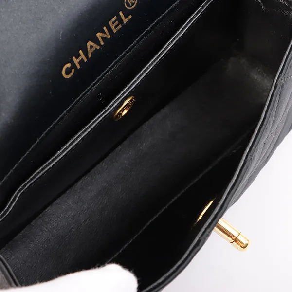 Chanel Around 1990 Made Leather Silk Satin Combination Design Flap Mini Bijou Chain Bag Black