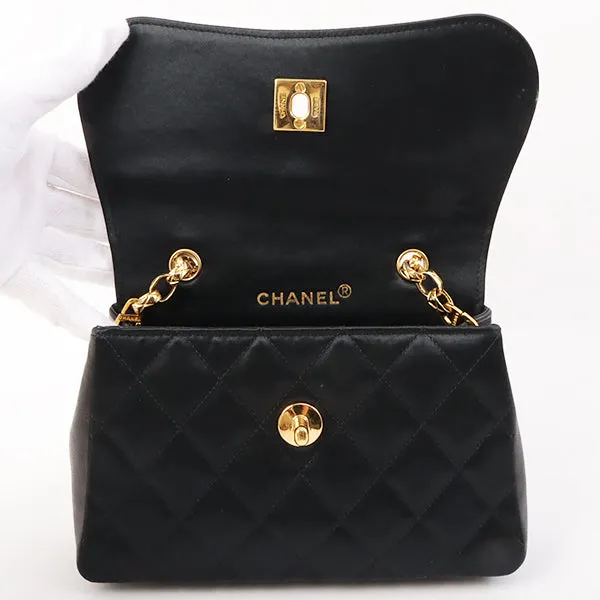 Chanel Around 1990 Made Leather Silk Satin Combination Design Flap Mini Bijou Chain Bag Black