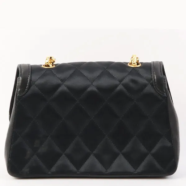 Chanel Around 1990 Made Leather Silk Satin Combination Design Flap Mini Bijou Chain Bag Black