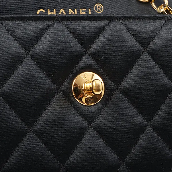 Chanel Around 1990 Made Leather Silk Satin Combination Design Flap Mini Bijou Chain Bag Black