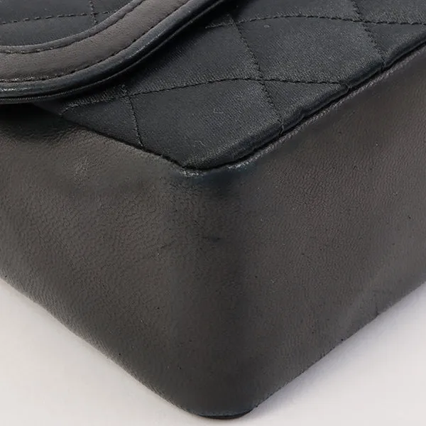 Chanel Around 1990 Made Leather Silk Satin Combination Design Flap Mini Bijou Chain Bag Black