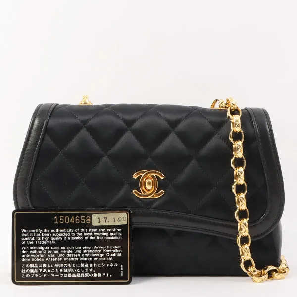 Chanel Around 1990 Made Leather Silk Satin Combination Design Flap Mini Bijou Chain Bag Black