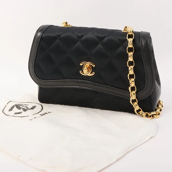 Chanel Around 1990 Made Leather Silk Satin Combination Design Flap Mini Bijou Chain Bag Black