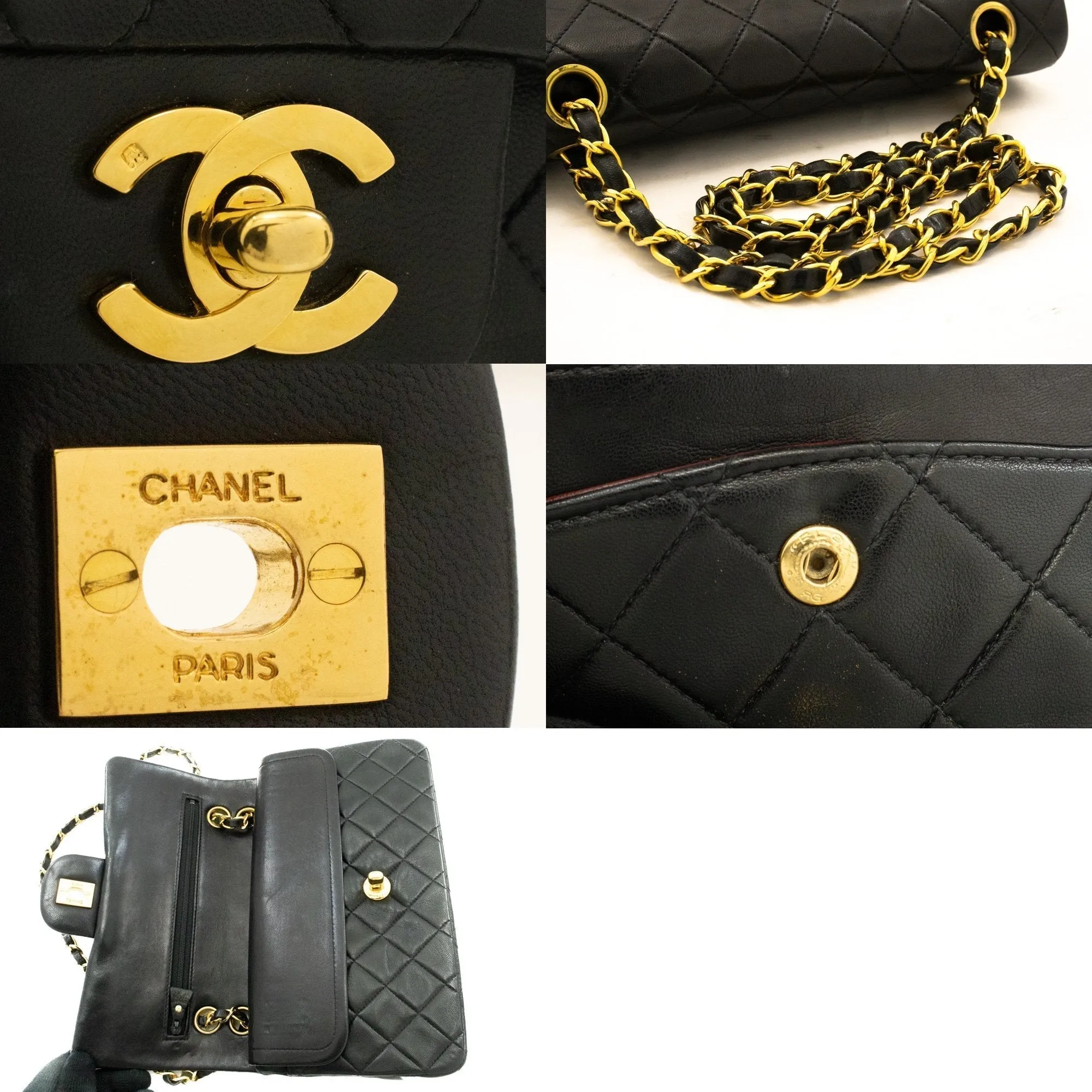 CHANEL Classic Double Flap 9" Chain Shoulder Bag Black Lambskin k51