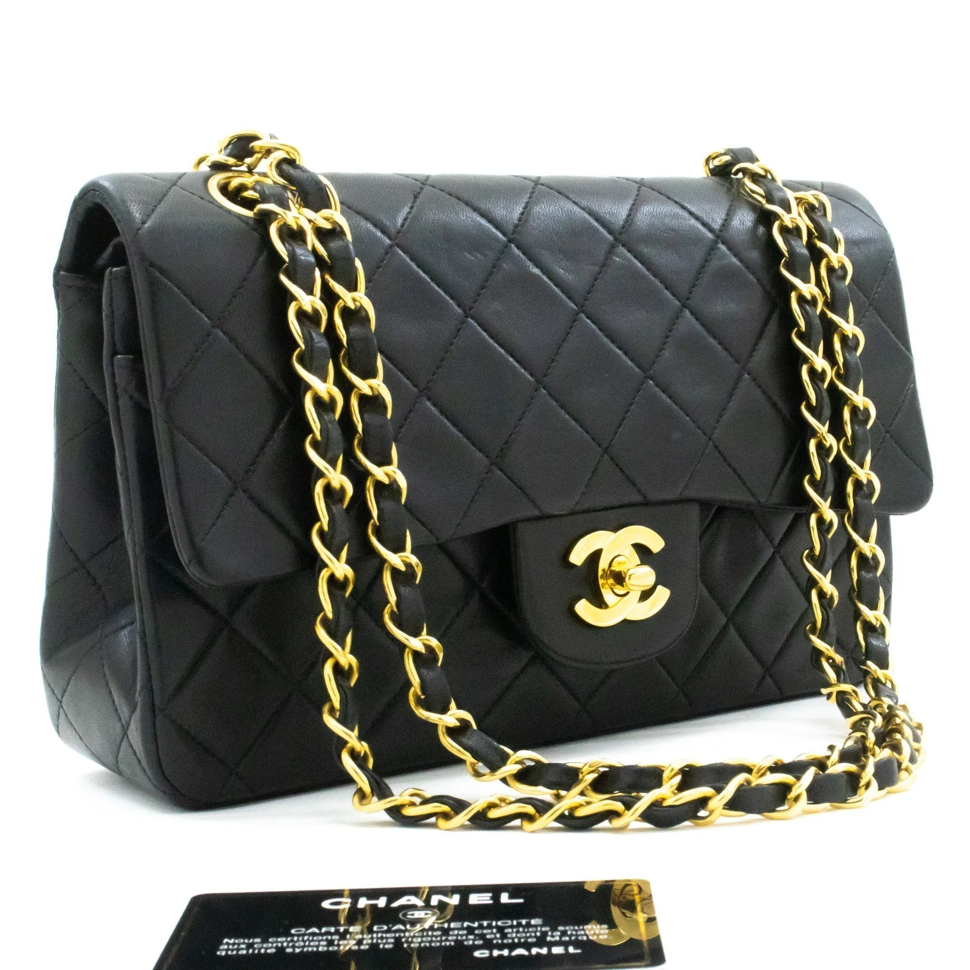 CHANEL Classic Double Flap 9" Chain Shoulder Bag Black Lambskin k51