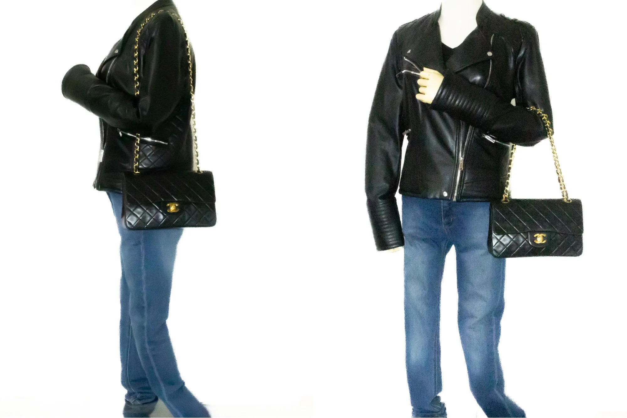 CHANEL Classic Double Flap 9" Chain Shoulder Bag Black Lambskin k51