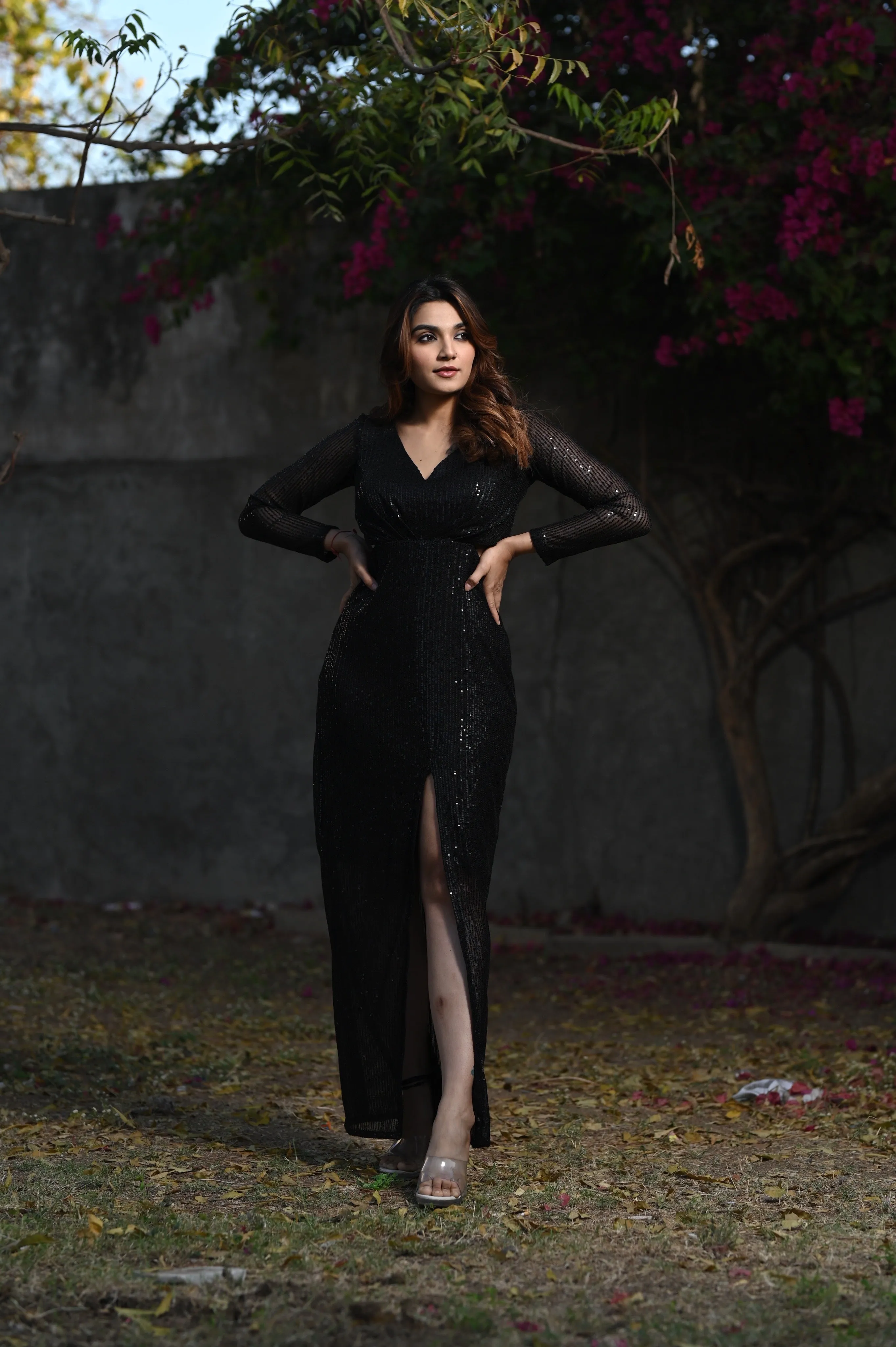 CHARLOTTE BLACK SEQUIN SLIT DRESS