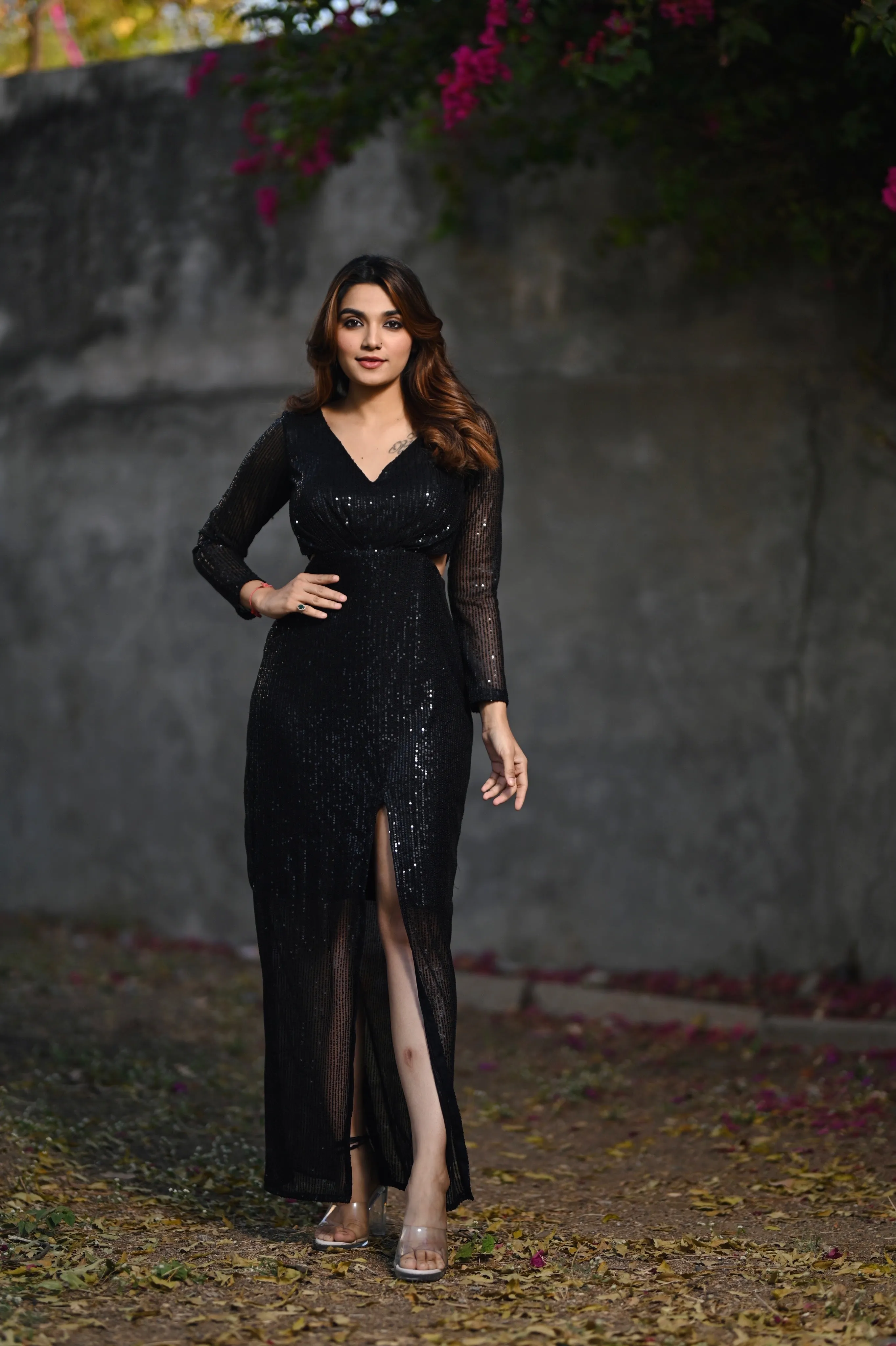 CHARLOTTE BLACK SEQUIN SLIT DRESS