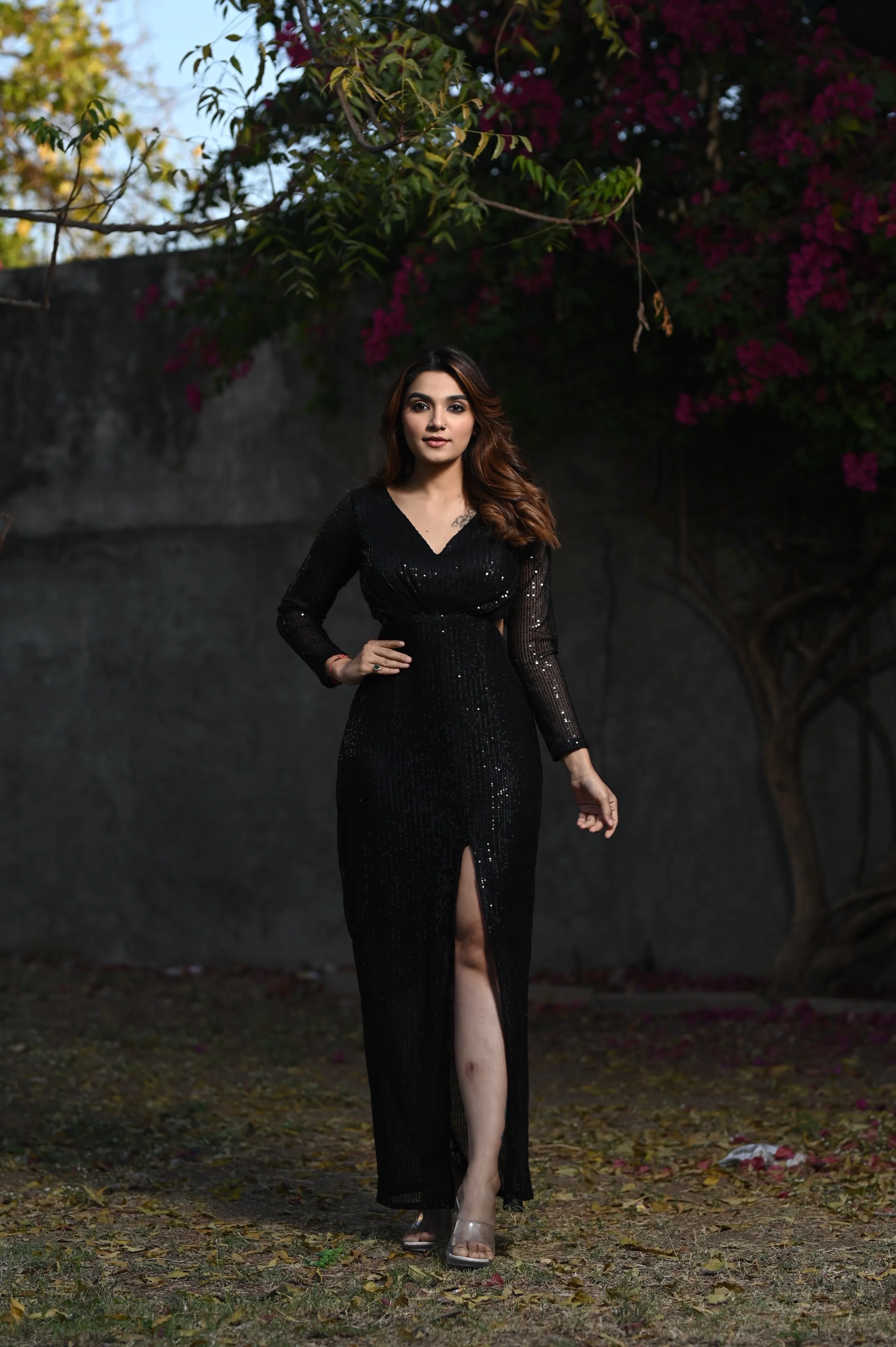 CHARLOTTE BLACK SEQUIN SLIT DRESS