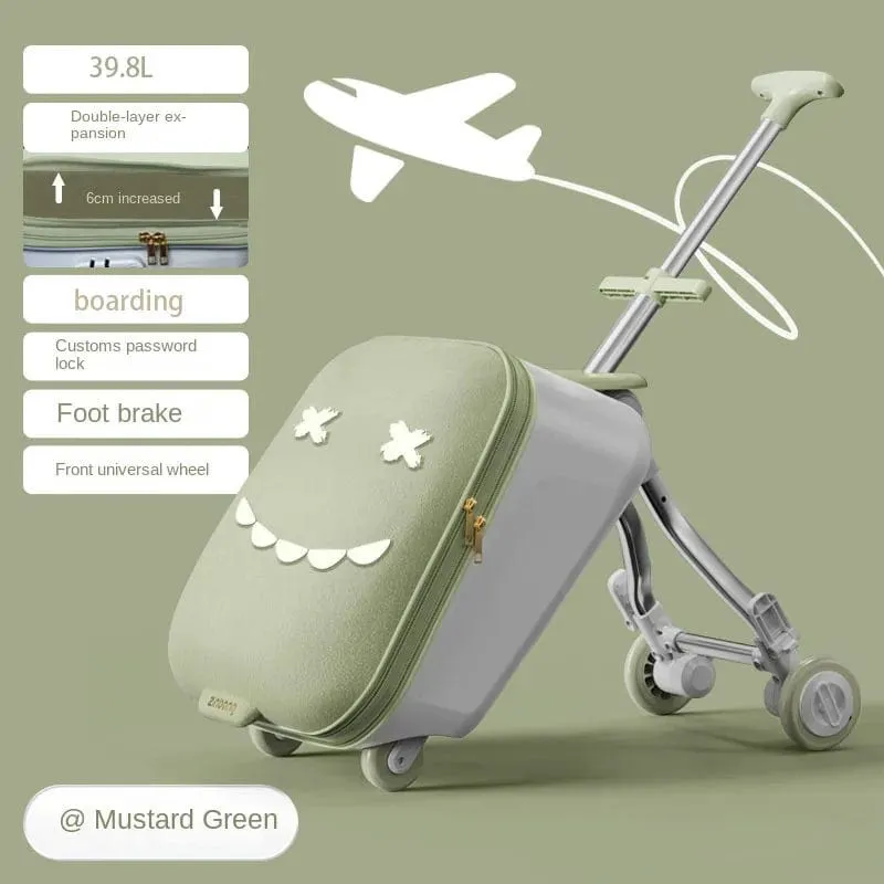 Childrens Foldable Ride-On Trolley Luggage with Brake Wheels | Sit and Ride Boarding Suitcase for Kids | Baby Travel Bags Carry-On