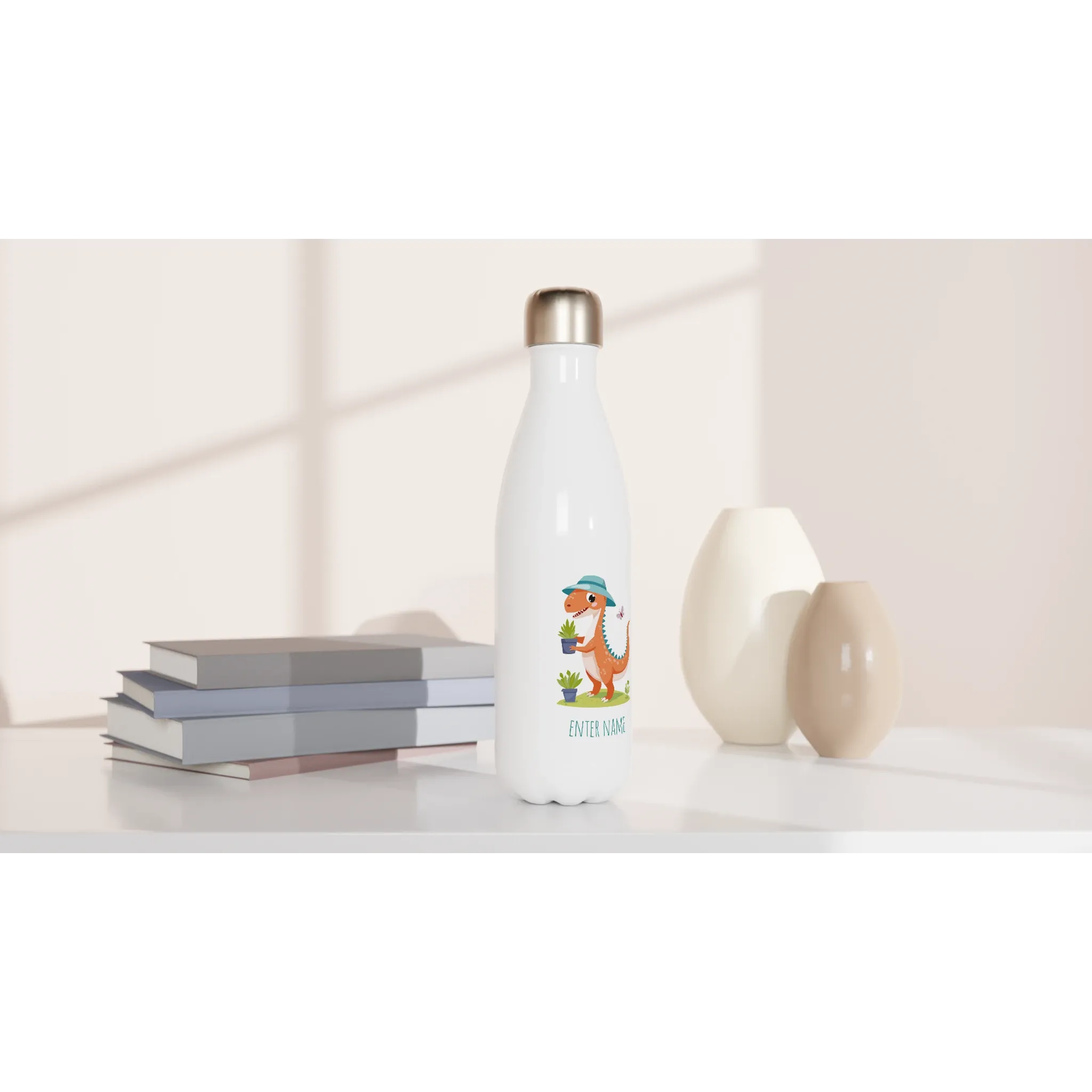 Cute Gardening Dinosaur with Sun Hat White 17oz Stainless Steel Water Bottle   Personalised Name