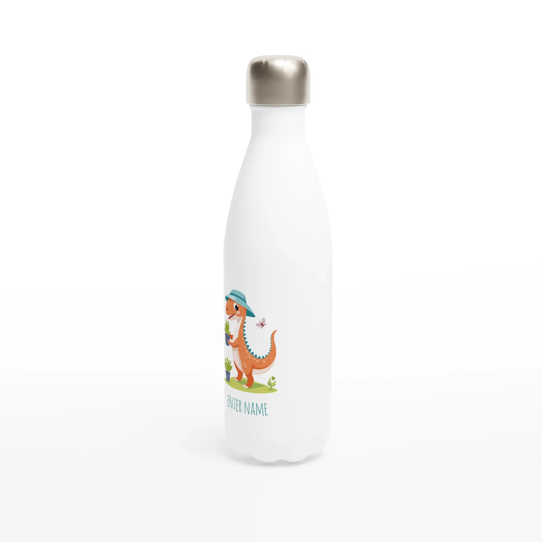 Cute Gardening Dinosaur with Sun Hat White 17oz Stainless Steel Water Bottle   Personalised Name