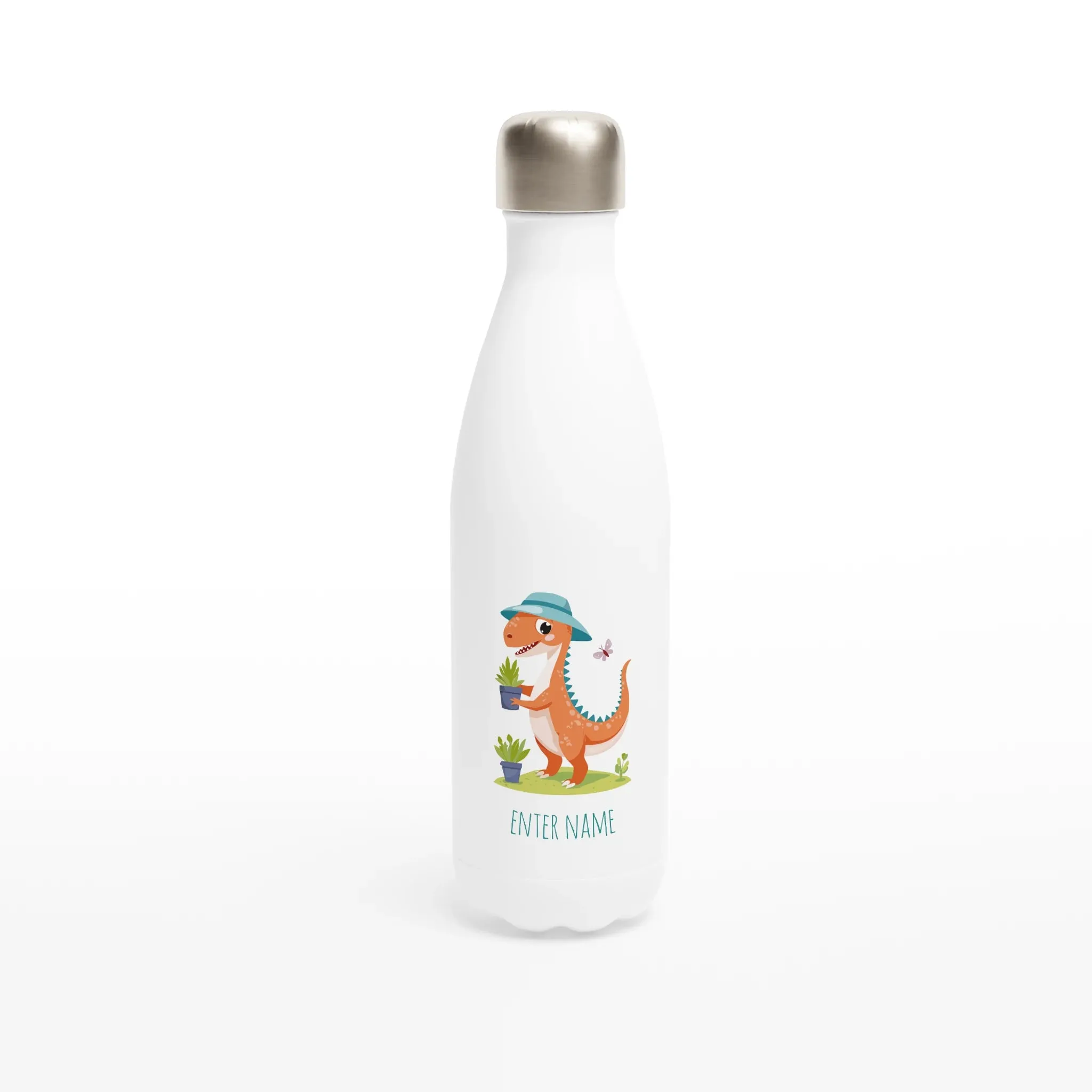 Cute Gardening Dinosaur with Sun Hat White 17oz Stainless Steel Water Bottle   Personalised Name