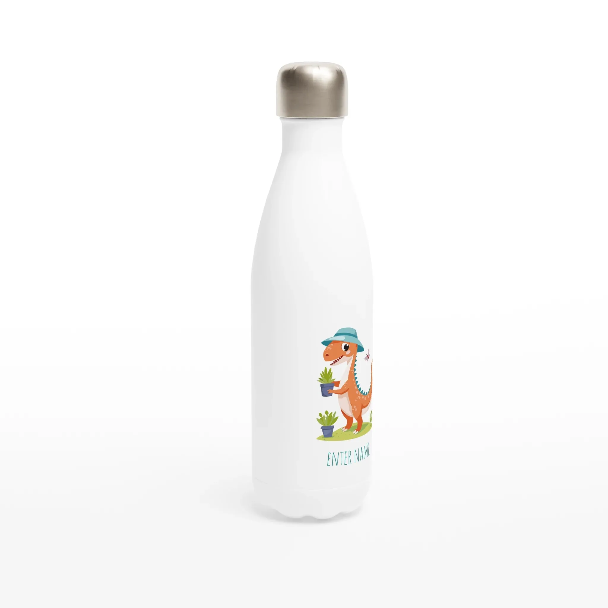 Cute Gardening Dinosaur with Sun Hat White 17oz Stainless Steel Water Bottle   Personalised Name