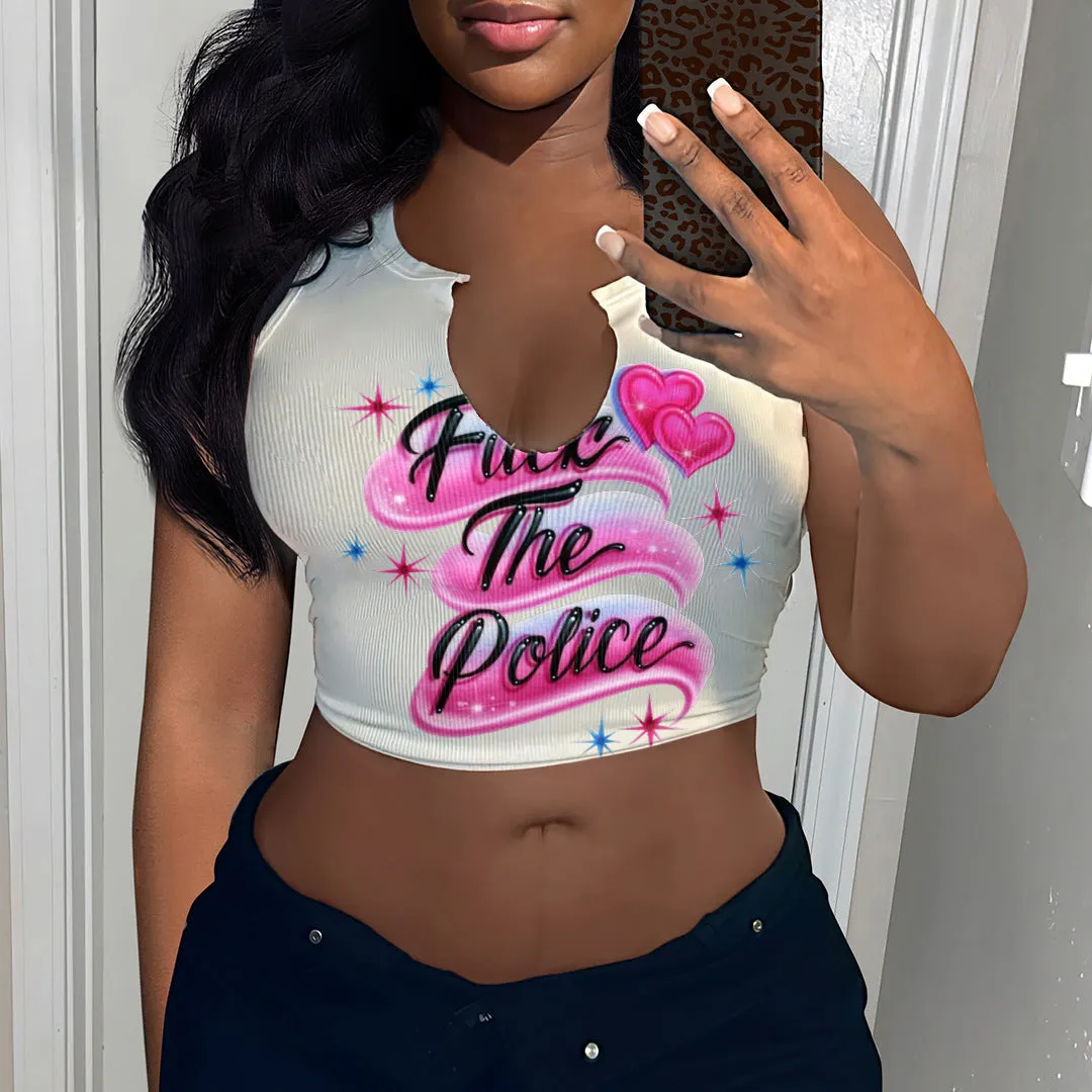 DUNNMALL Cross Border Women's Fashion Sexy Letters Printed T-shirt Ladies Fashion Brand Sleeveless Vest U Collar Small Vest