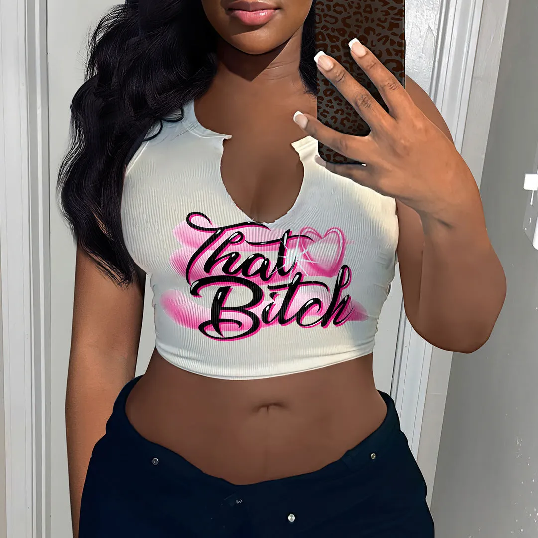 DUNNMALL Cross Border Women's Fashion Sexy Letters Printed T-shirt Ladies Fashion Brand Sleeveless Vest U Collar Small Vest