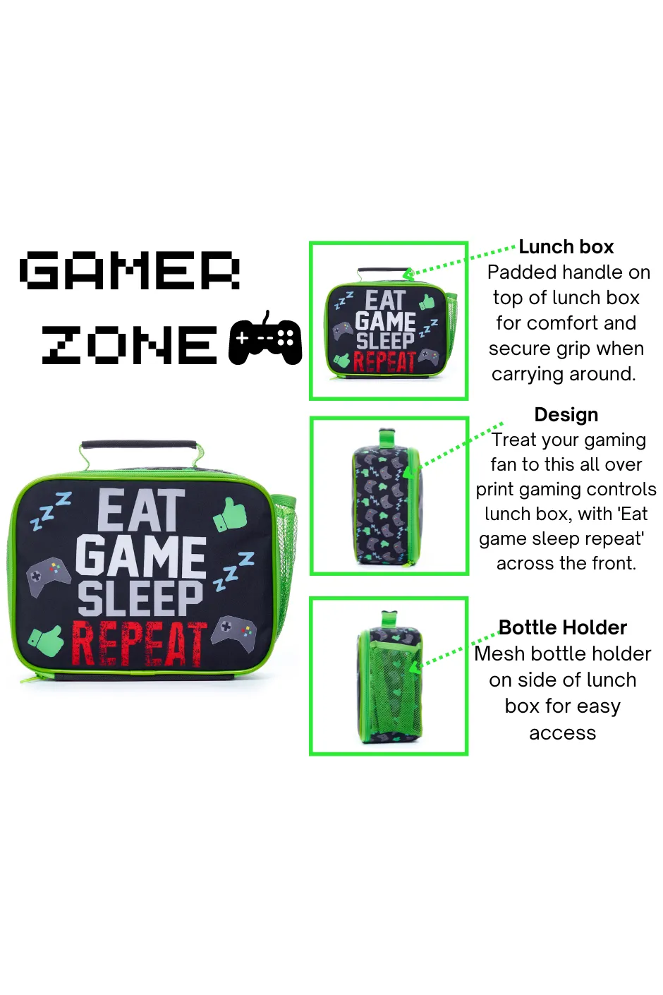 Eat Game Sleep Repeat Lunch Bag, Kids Boys Gamer Lunchbox school bag