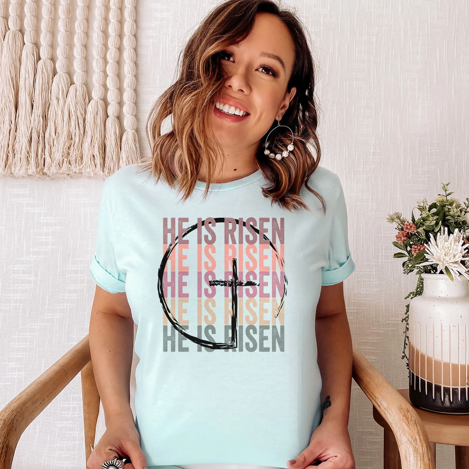 He Is Risen Stacked Easter Rainbow Tee