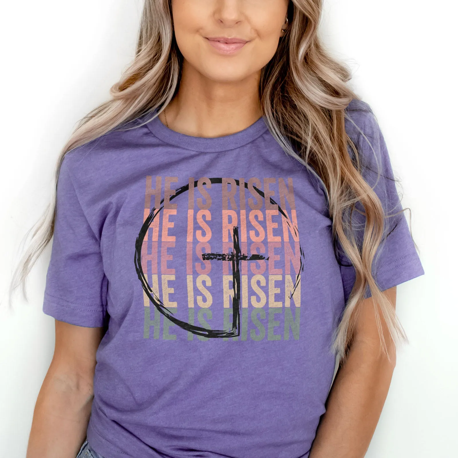 He Is Risen Stacked Easter Rainbow Tee