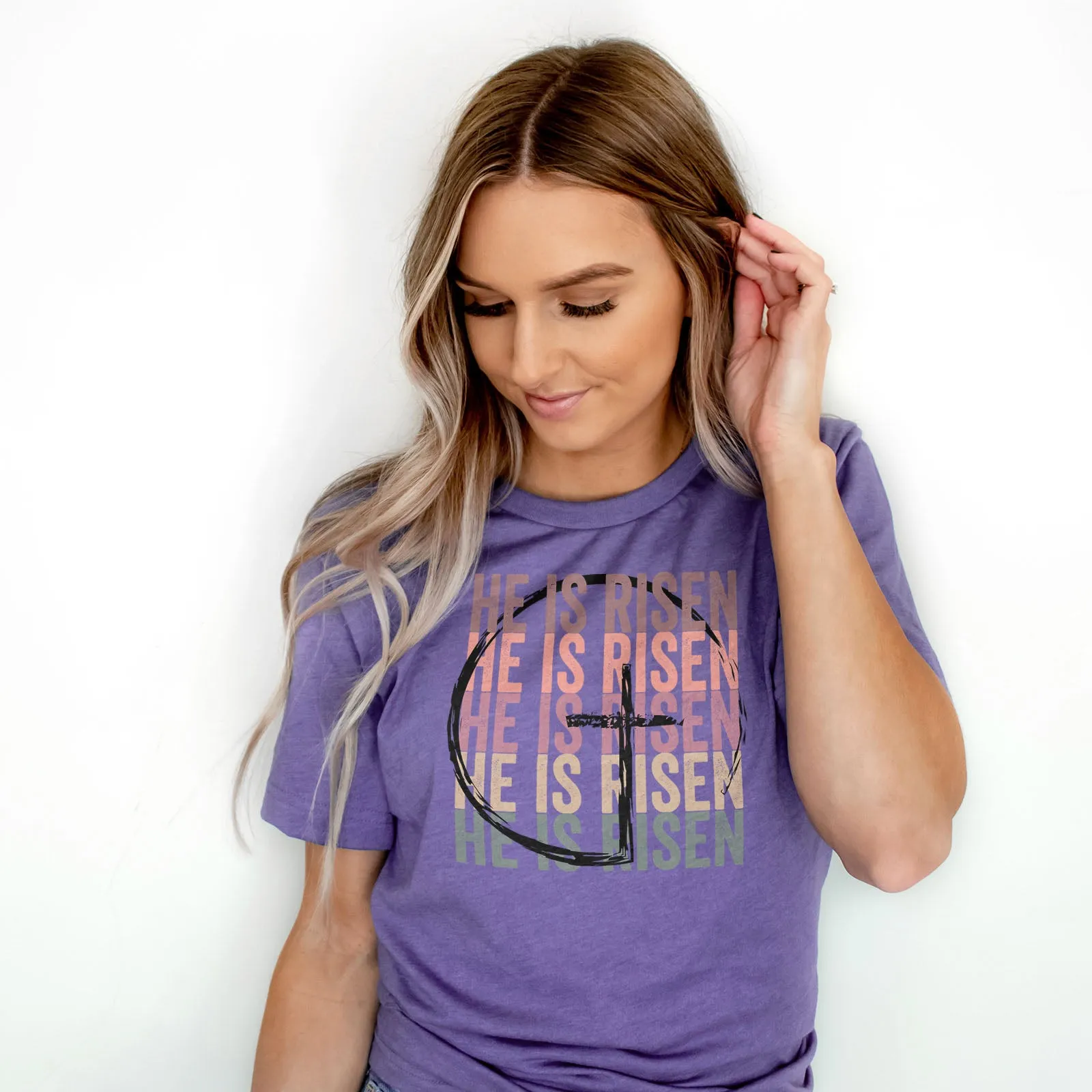 He Is Risen Stacked Easter Rainbow Tee