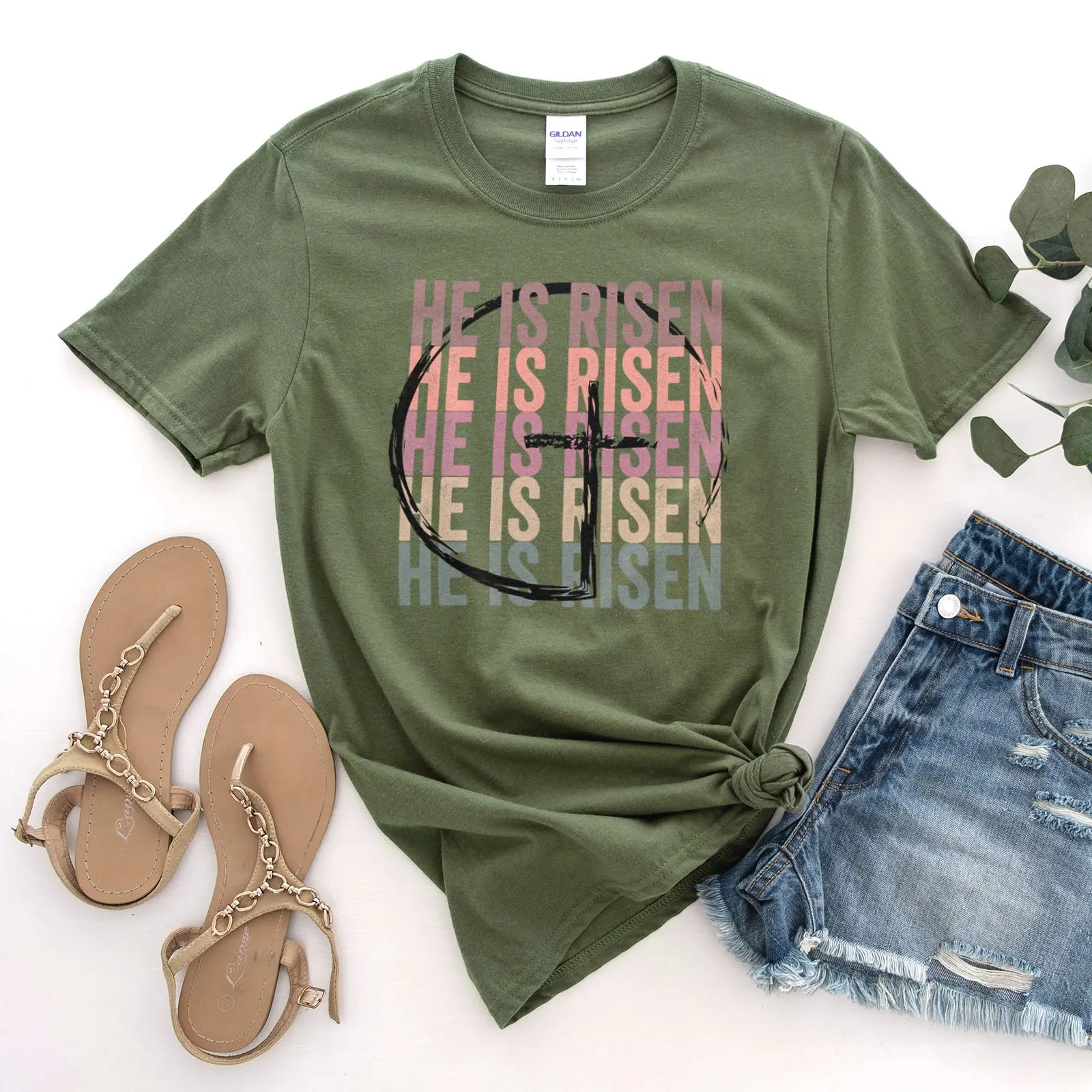 He Is Risen Stacked Easter Rainbow Tee