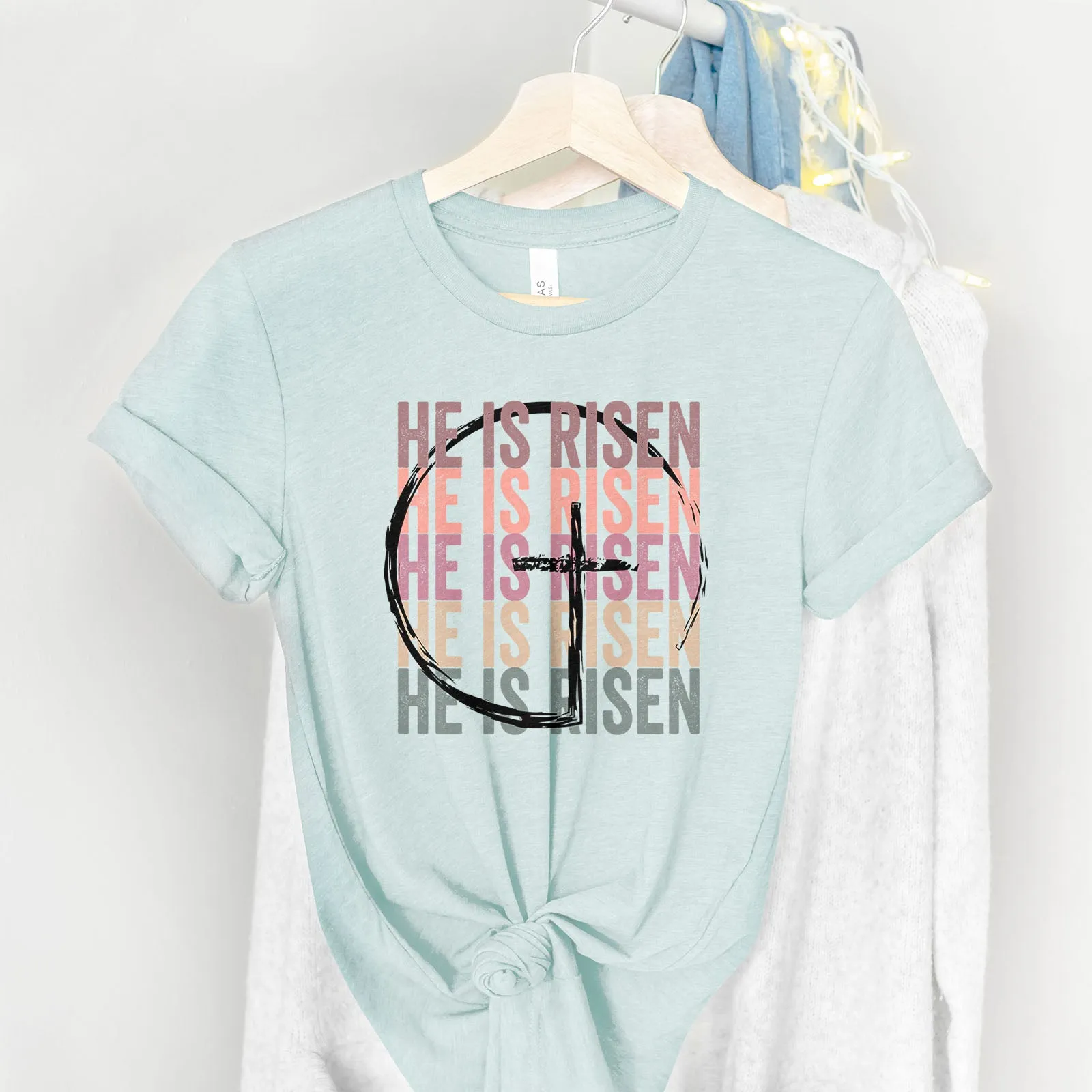 He Is Risen Stacked Easter Rainbow Tee