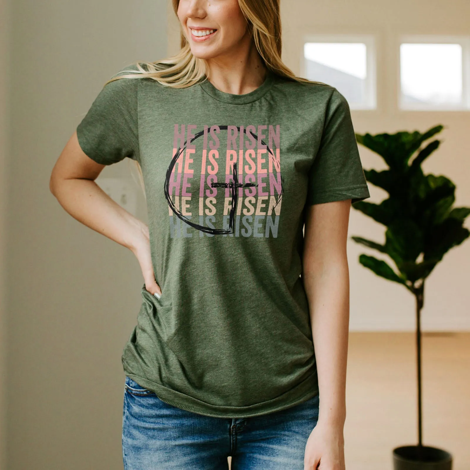 He Is Risen Stacked Easter Rainbow Tee