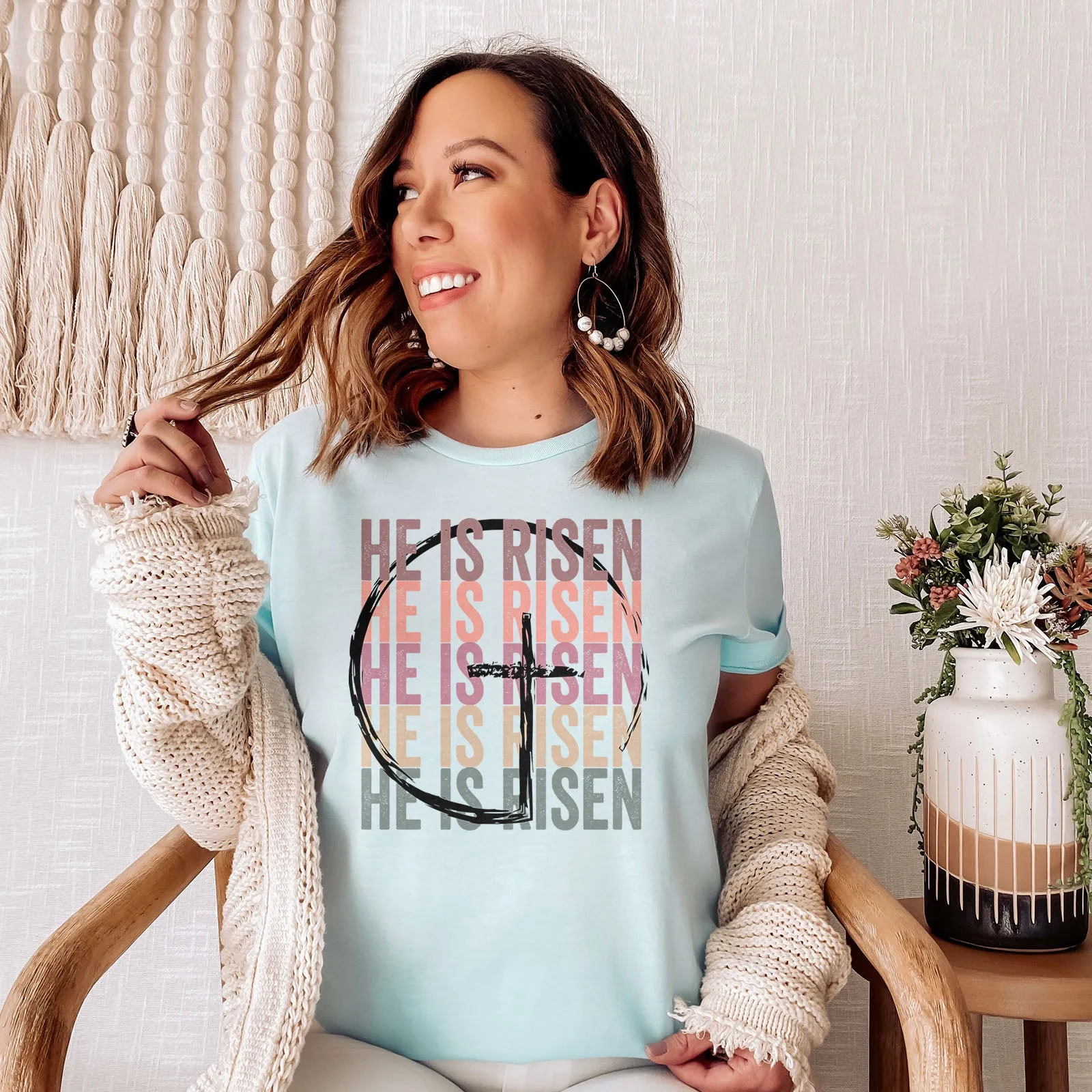 He Is Risen Stacked Easter Rainbow Tee