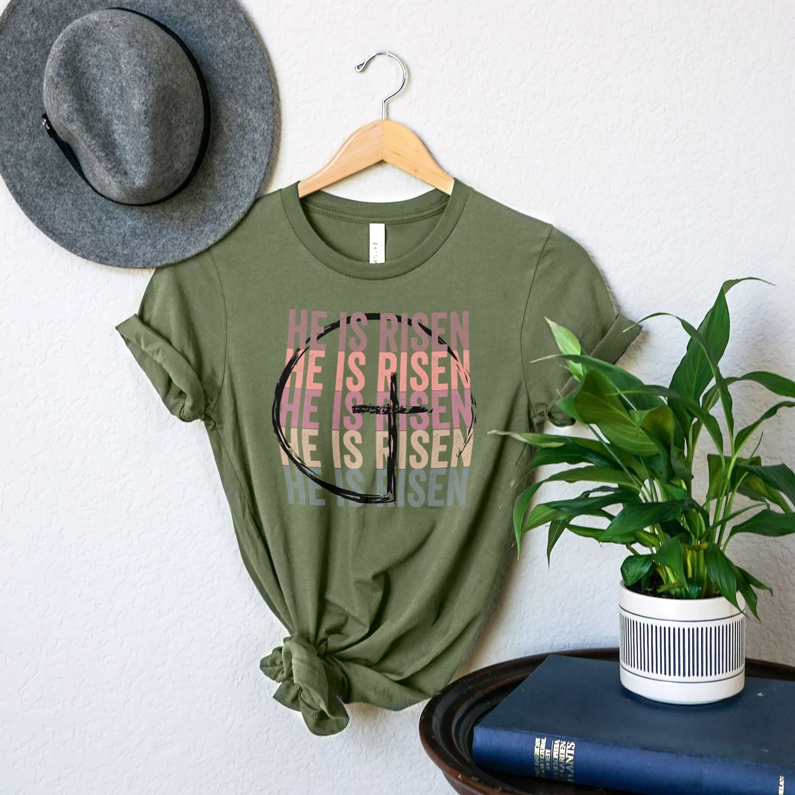 He Is Risen Stacked Easter Rainbow Tee