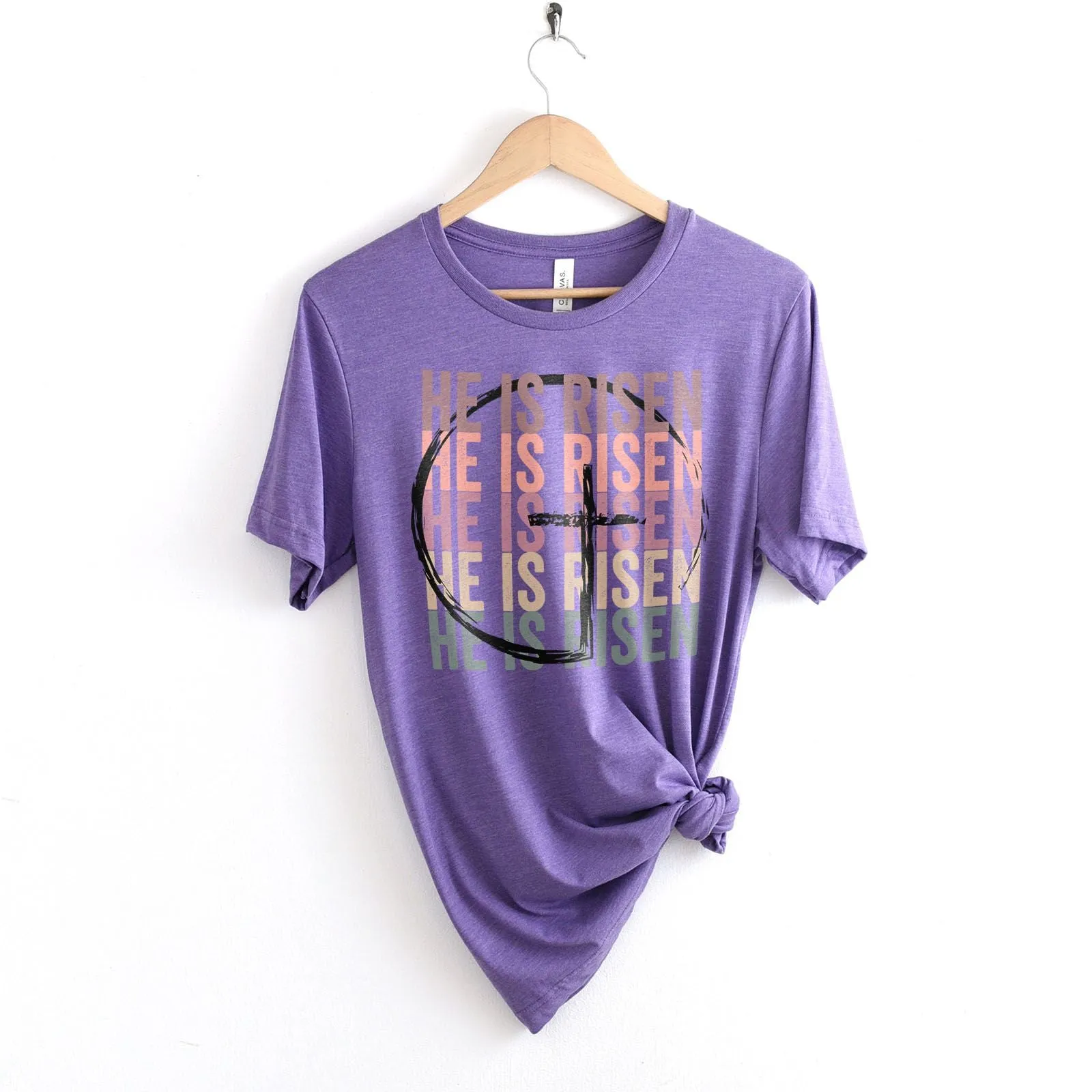 He Is Risen Stacked Easter Rainbow Tee