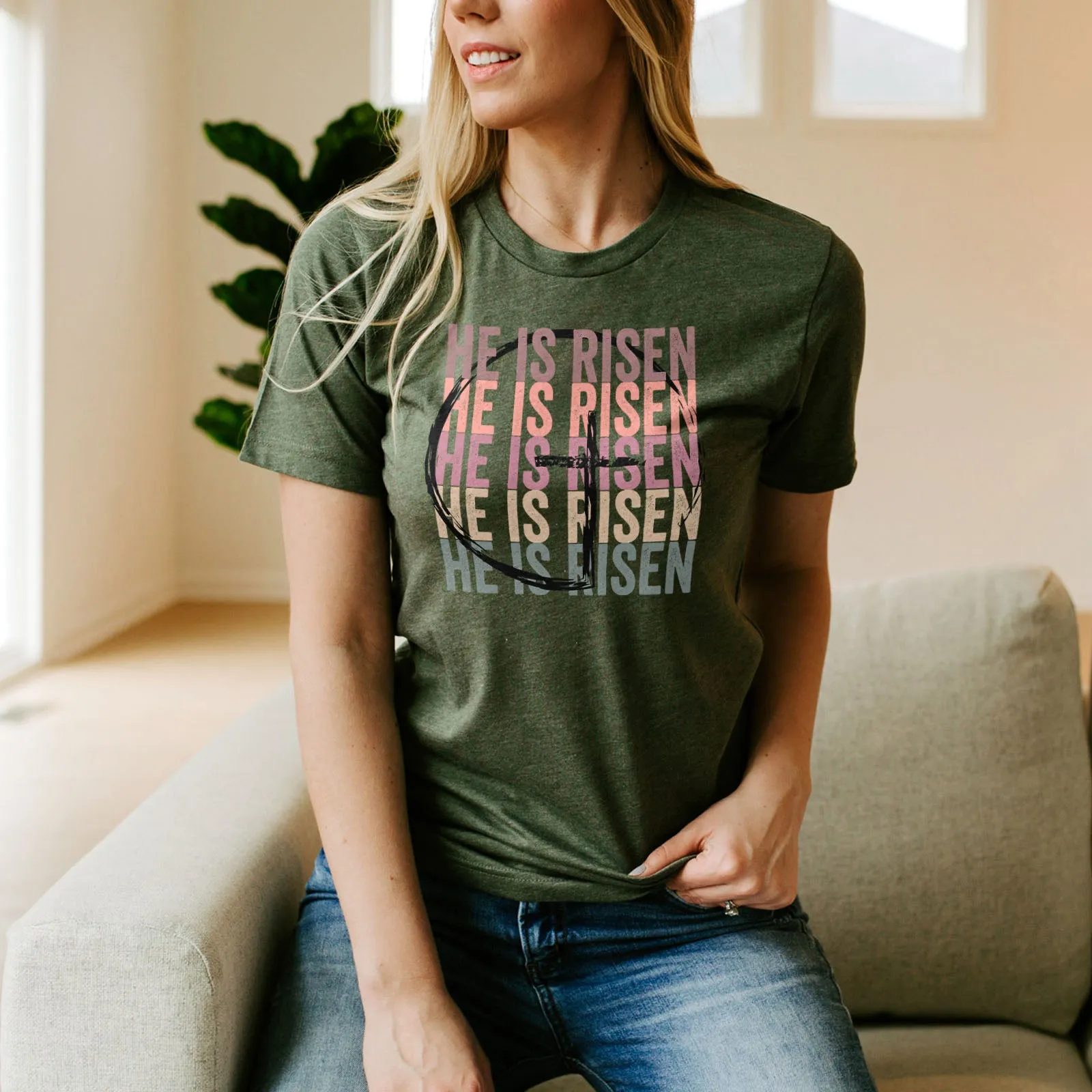He Is Risen Stacked Easter Rainbow Tee